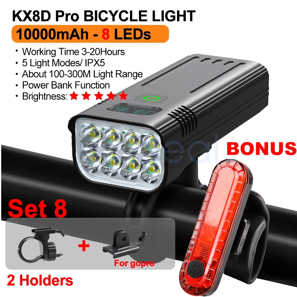 10000mAh LED Bicycle Bike Lights Front Rear Tail Lamp Rechargeable Set 5 Modes