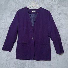 Talbots 12 Purple Blazer Jacket 100 Wool 1 Button Y-Neck Vintage Style