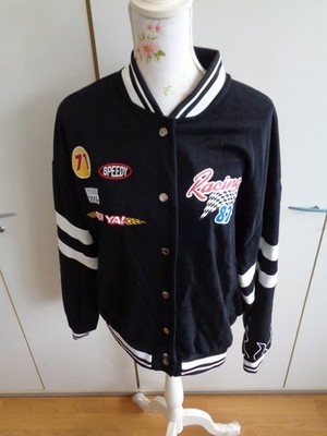 Damen C&A Bomberjacke, XL, schwarz mit Racing Patches, Collegejacke