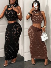 Plus Size 2PCS Women's Sexy Set See Through Mesh Hollow Out Crop Tank & H