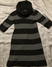 Takeout Women’s M Gray/Black Striped Cowl Neck Knit Sweater Dress Ribbed Stretch