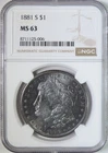 1881 S Morgan Silver Dollar $1 Coin NGC MS63 BU Brilliant Uncirculated Toned