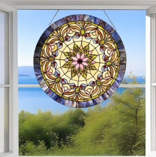 Round Tiffany Style Star Motif Floral Suncatcher Window Panel 22in - Picture 1 of 6
