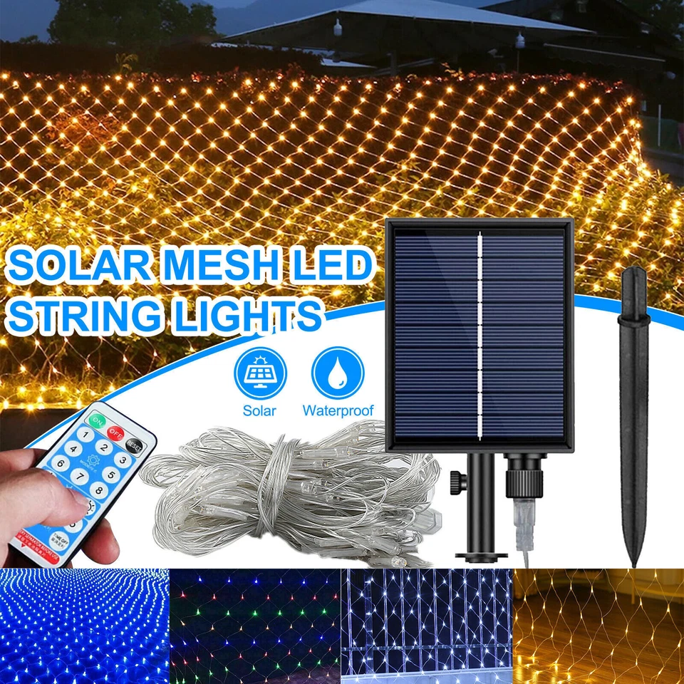 Red LED Solar Malla Luces Cortina Hada Cadena Jardín Boda Fiesta Navidad Decoración Foto 2 de 4