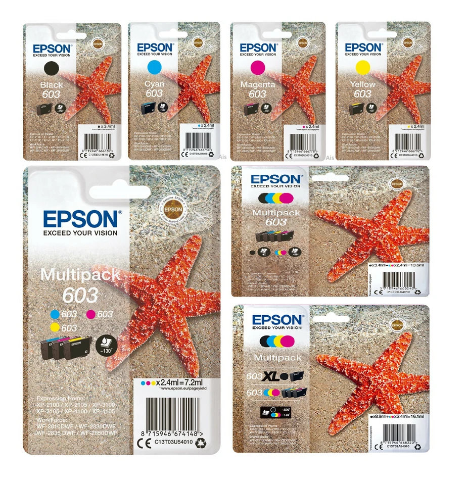 Genuine Epson 603, Starfish Ink Cartridges, XP-2100, XP-2105 XP-3100 XP-3105 LOT - Image 1 of 1
