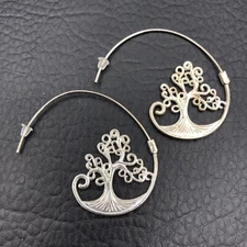 Spiral Hoop Earrings Silver Tone Tree of Life