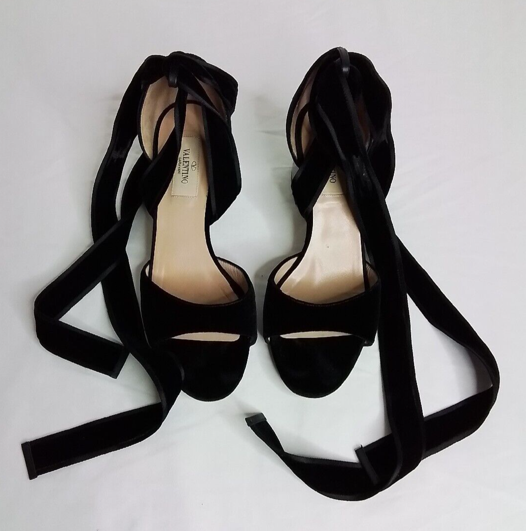 美品 Valentino リボンベロアパンプス 37 ブラック 袋箱付き Valentino Block Heels Women's 37.5 Velvet Black Ankle Ribbon