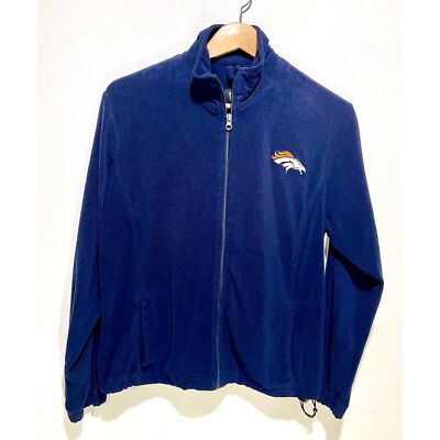 Broncos NFL team apparel fleece sweater jacket full zip pockets blue women's L