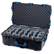 Black  Blue Pelican 1650 case. Comes with grey CVPKG dividers  wheels.