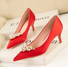 Womens Stiletto Heels Pumps Pointed Toe Pearl Decor Dress Party Wedding OL Shoes