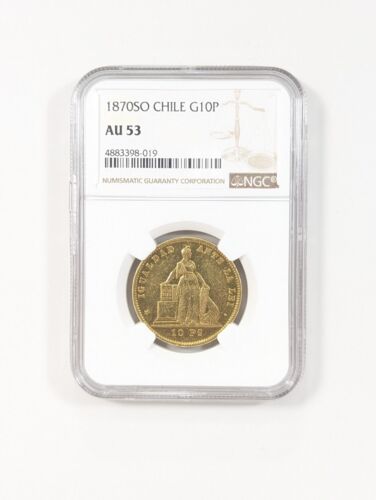 1870-SO Gold Chile 10 Peso NGC AU53 ~ Santiago Mint Low Mintage 76,000 - Afbeelding 1 van 4