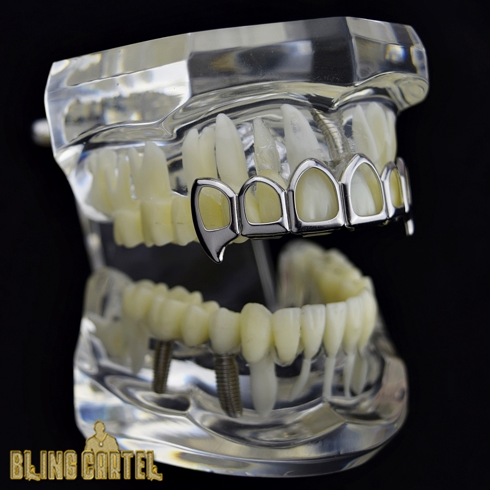 Vampire Grillz Six Tooth Open Face Hollow Window Top Teeth Silver