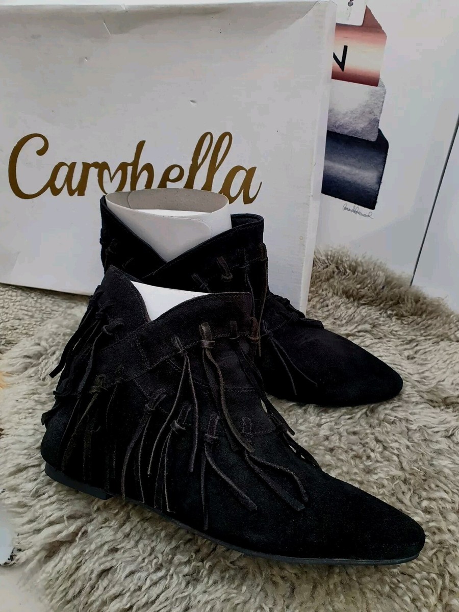 Stunning Carobella Fringed Pixie Ankle Flat Genuine Black Leather
