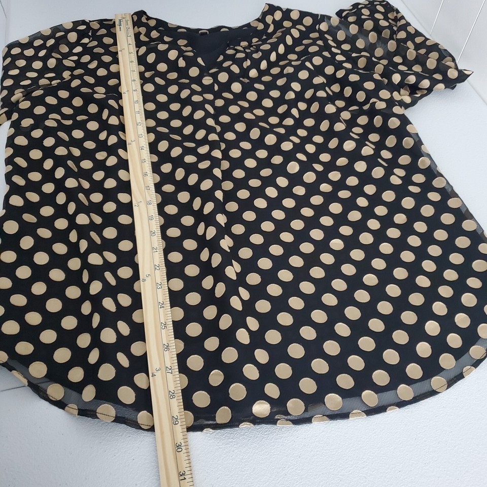 Talbots Womens Black Gold Polka Dot Blouse Size 1X Slit Neck Long