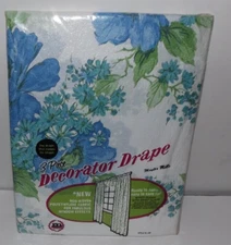 Vtg MCM Maytex Mills Three Piece Plastic Drape Curtains Blue Green Flowers NOS