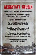 Blechschild Schild 20x30 cm - Werkstatt Regeln offen Werkzeug nichts verleihen
