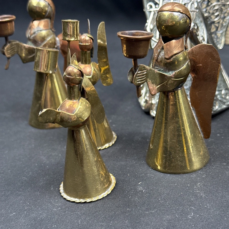 Juego de adornos navideños vintage de árbol de Navidad ángel de latón hecho a mano en México de colección Foto 3 de 4