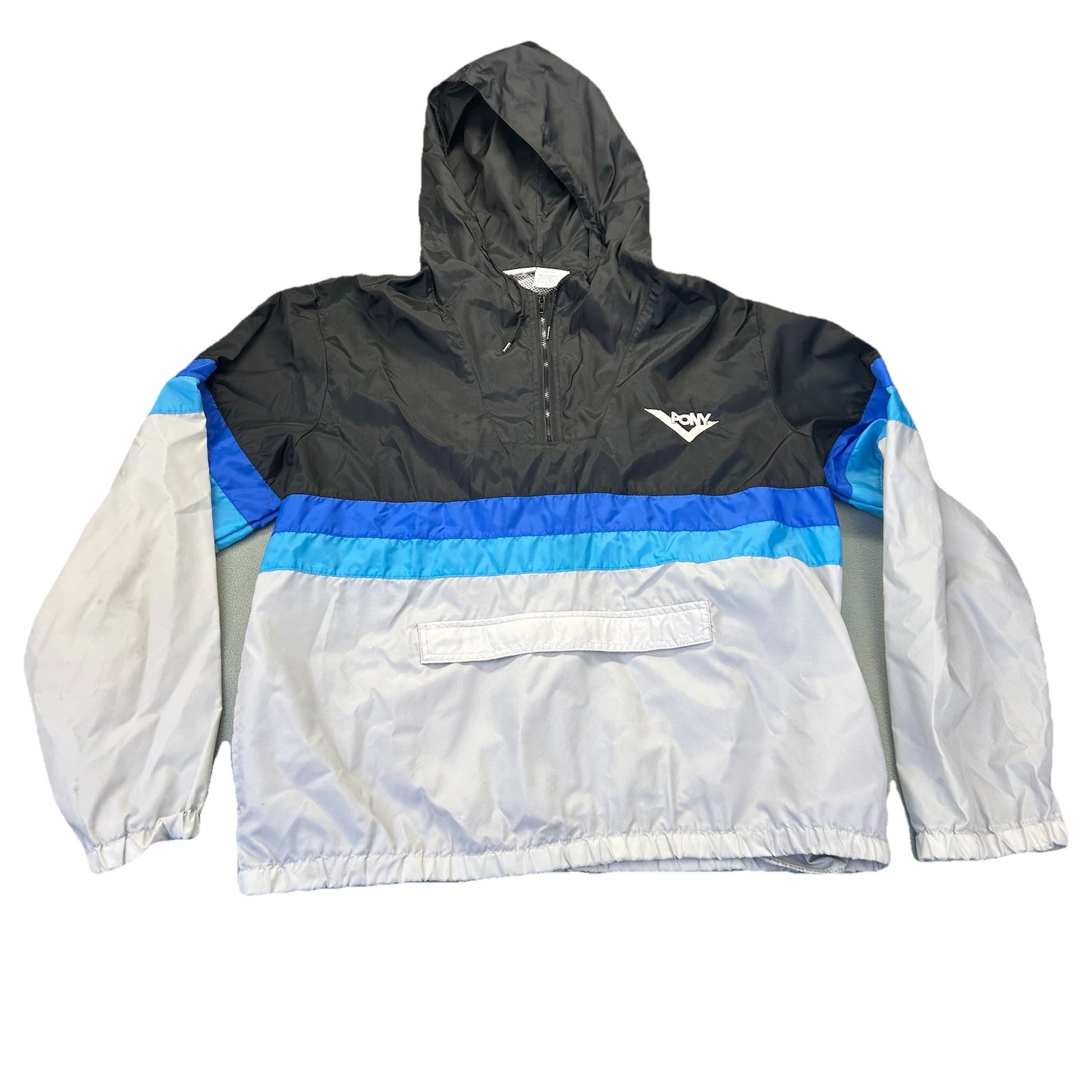 Vintage 90s PONY Hooded Windbreaker Jacket Colorblock Half Zip Nylon Size Large