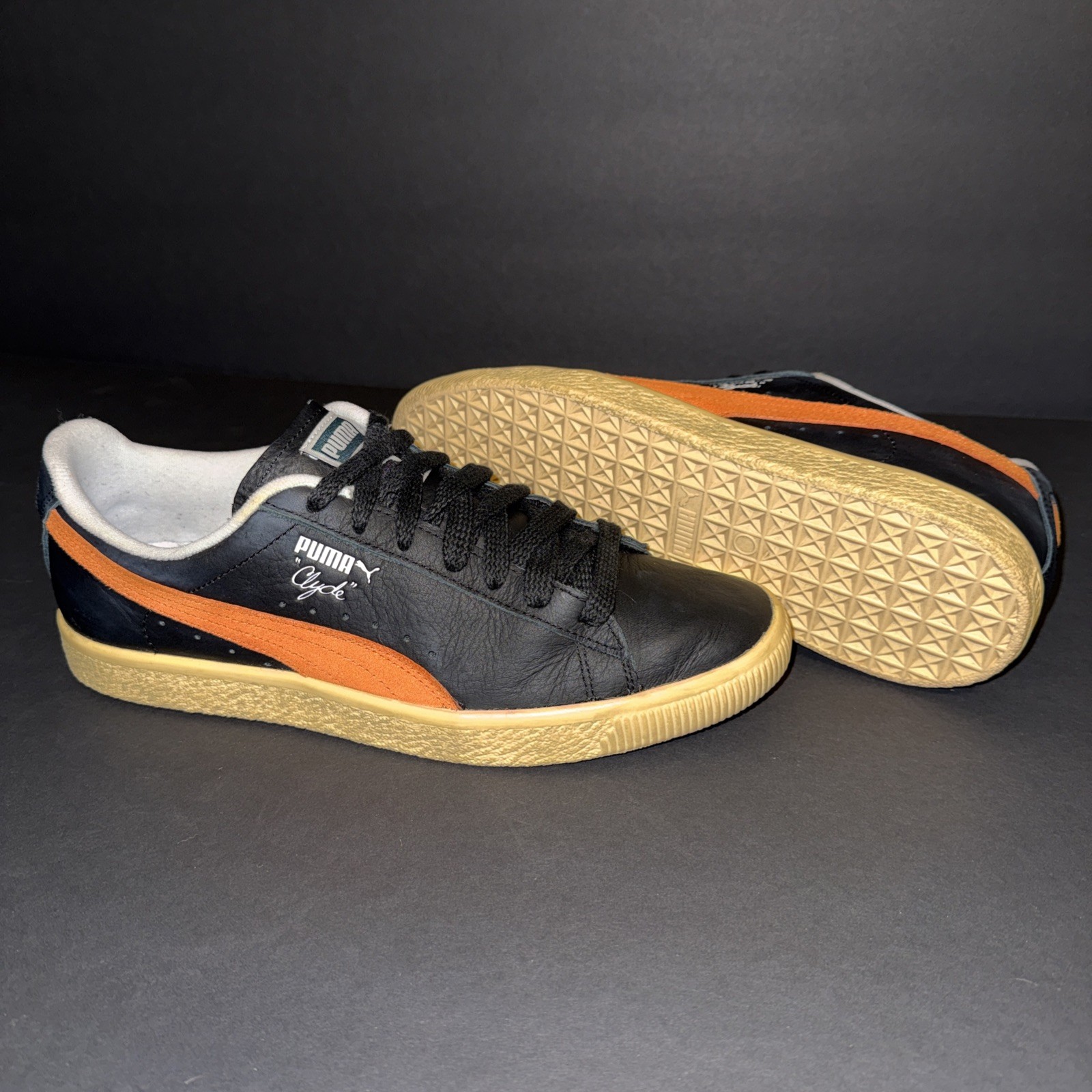 PUMA Clyde Men's Shoes Black Rickie Orange Leather Suede Sneakers Size 10