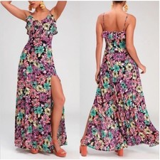 Lulus Dynah Black Floral Print Sleeveless Maxi Dress Fairy Vacation Party Sz M
