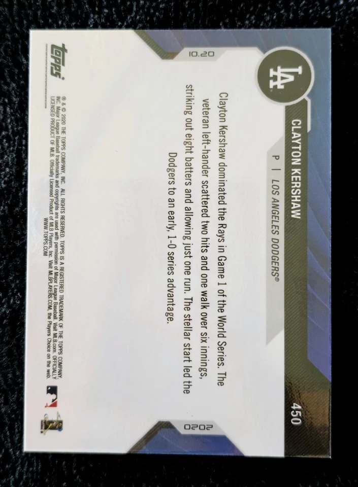 2020 TOPPS NOW WORLD SERIES CARD DODGERS CLAYTON KERSHAW #450 6 IP 8 Ks WIN 🔥 - Image 2 of 2