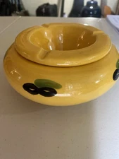 Tunasia Pottery 2Pc Mid Century Ashtray Yellow With Olives And Olive Branches