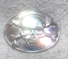 Raised Silver Skull Crossbones On Shiny Oval Buckle Great Vintage Condition