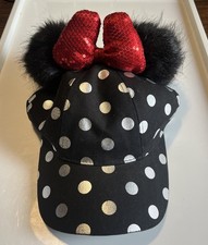 Disney Parks Minnie Pom Pom Silver Polka Dot Sequin Bow Black Baseball Hat