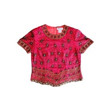 VTG Adrianna Papell Essentials Women Blouse Red Floral Beaded Sequin Back Zip L