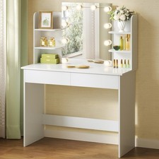 Coiffeuse avec Miroir LED, Table de Maquillage avec Tiroirs & Étagères, Blanche