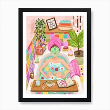 Woman in Bathtub Self care Illustra Framed Wall Art Poster Canvas Print Picture