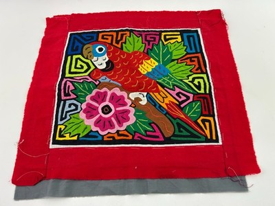 Parrot Mola Fabric Panel Hand Stitched Reverse Applique 16''x14'' Detailed Folk  