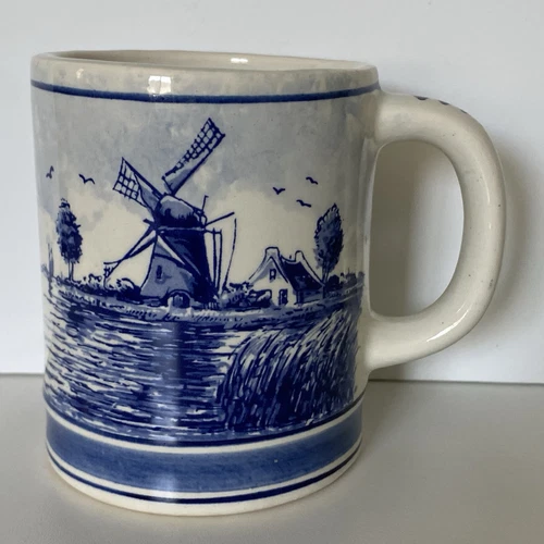 Vintage Delft Blue Mug Blauw Hand Painted Danish Dutch Windmill Cup Holland Flaw