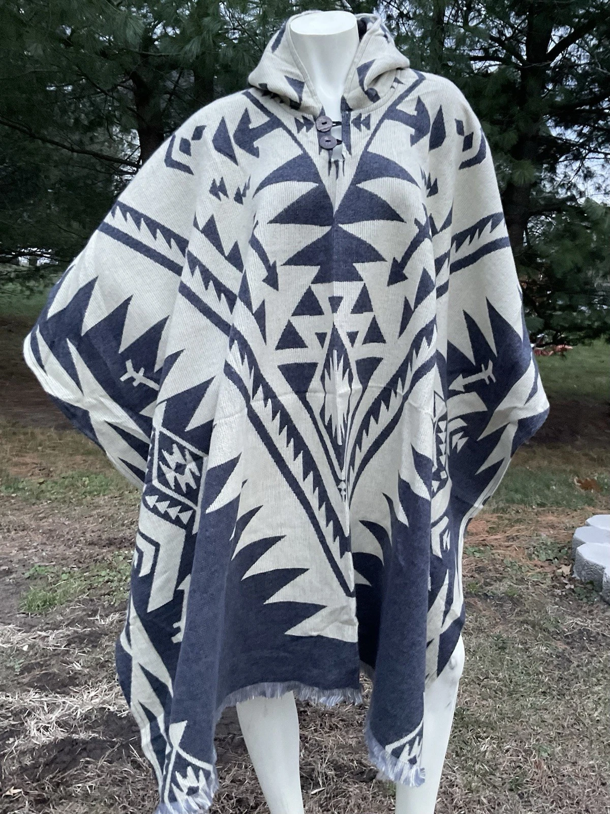 Exclusively Handcrafted ALPACA WOOL PONCHO, Gray, Geometric, Mystic Forest