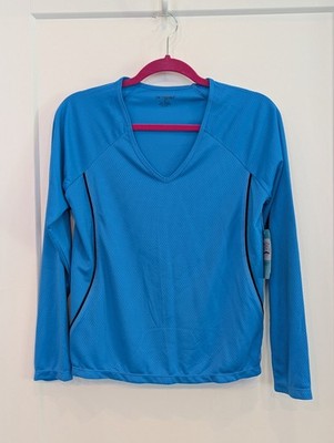 NWT Be Inspired Top S Blue Elect Mesh It Up Long Slv. V-neck Athletic