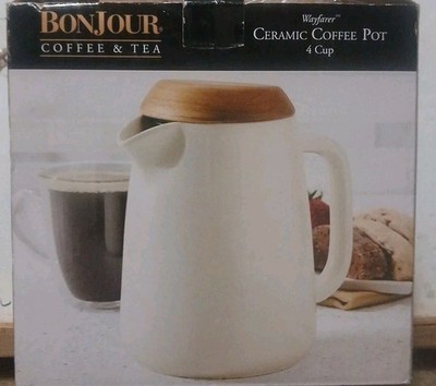 Bonjour  Wayfarer Ceramic Coffee Pot 4 Cup. Teak Wood Lid, Stainless Filter. New