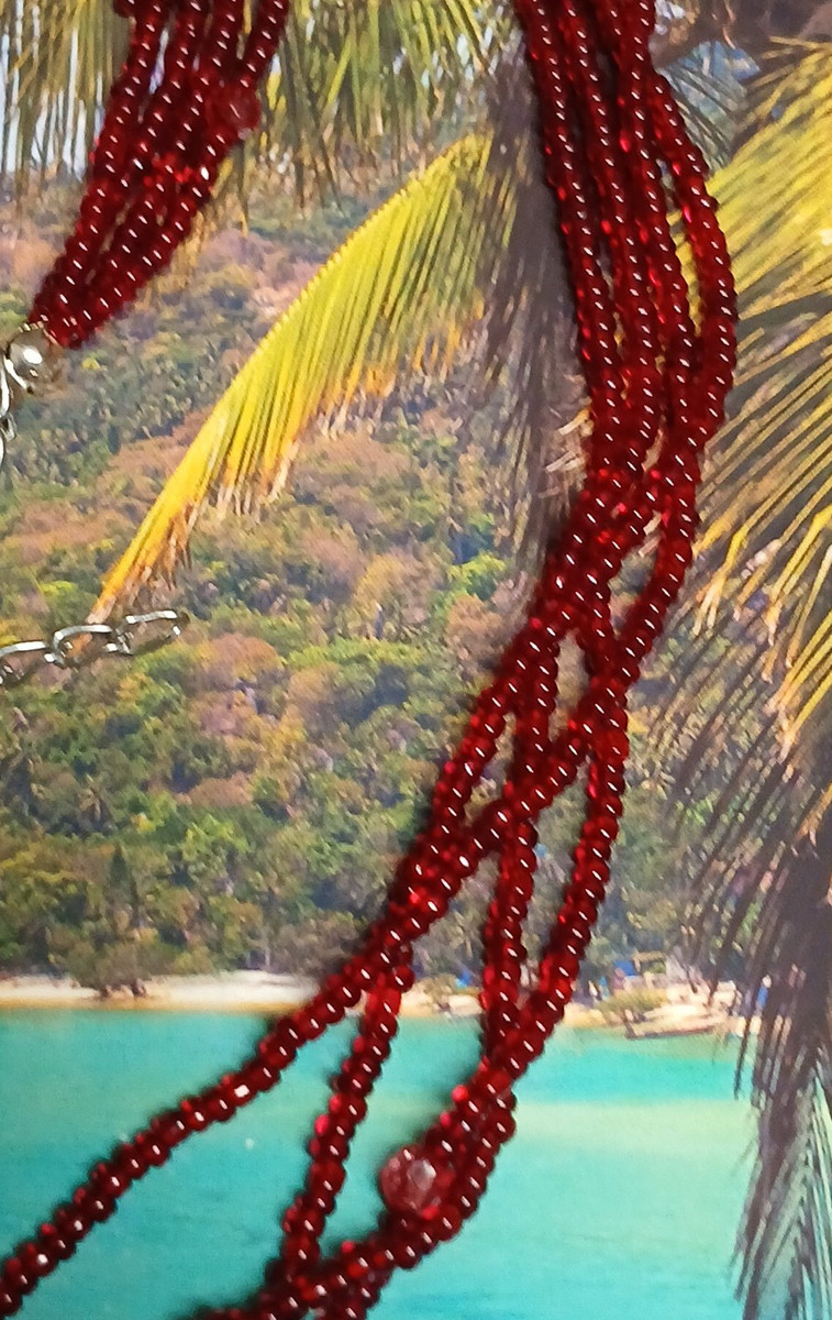 Four Strand Deep Red Glass Seed Bead Necklace with Scattered Faceted Crystals View 5