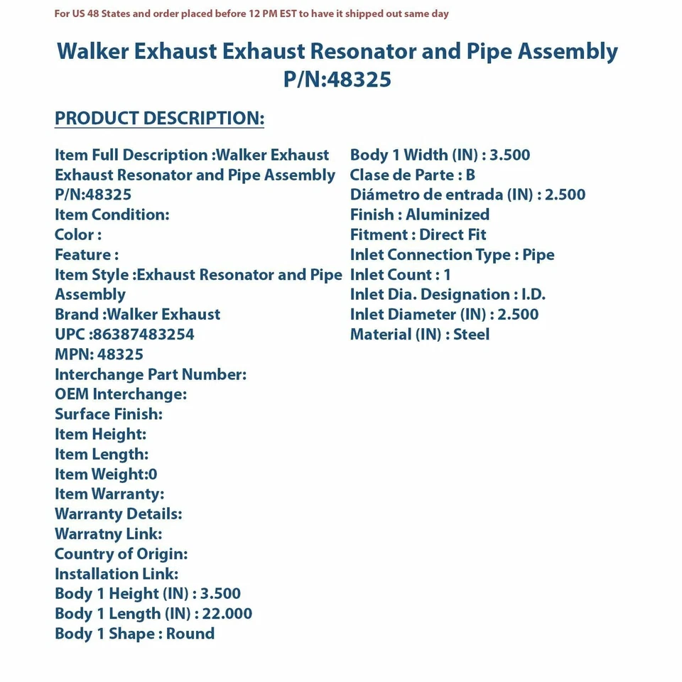 Резонатор выхлопной системы и труба в сборе Walker 48325 - Изображение 4 из 4