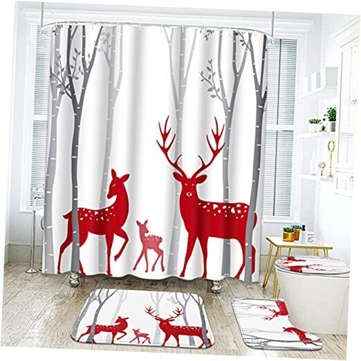 4 Piece Shower Curtain Sets, Red Christmas Deer Birch Tree Christmas Deer Tree
