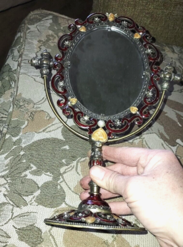 Tabletop Standing Vanity Mirror Enamel Rhinestone Pearl Burgundy Red - Picture 1 of 4