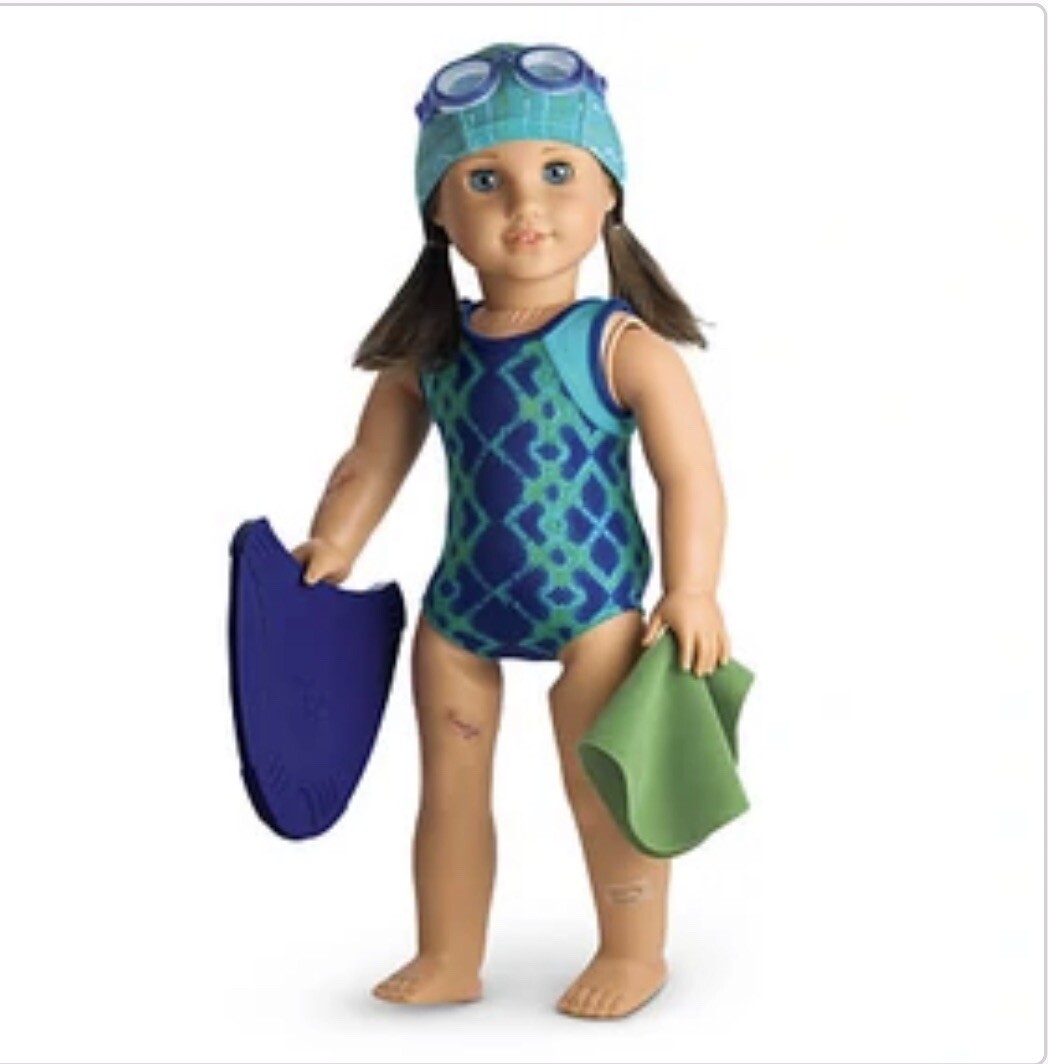 American Girl Chrissa's Swim Team Gear Swimsuit Goggles Swim Cap Towel  Kickboard