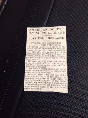 K1-1 Ephemera 1939 Sept 12th Article Dr Carnes Weeks Usa Doctor In London