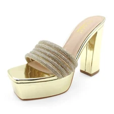 Glaze Women's Platform Slide Sandals Rhinestone Embellished Strap 5 Inch Heel