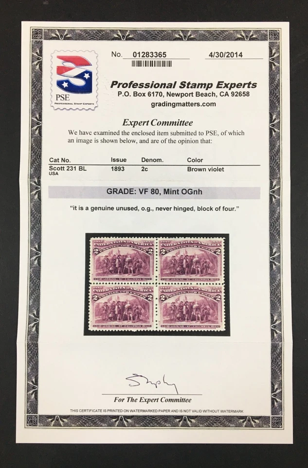 MOMEN: US STAMPS #231 MINT OG NH PSE GRADED CERT VF-80 LOT #86106 - Image 2 of 3