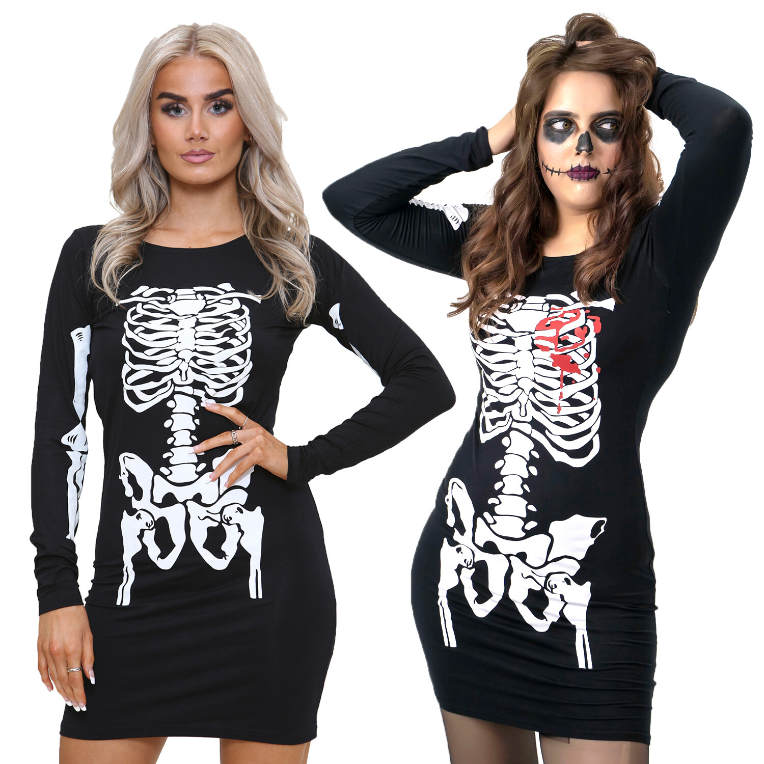 Mujeres Niñas Halloween Estampado esqueleto ceñido al cuerpo Túnica Vestido Calavera Huesos Disfraz