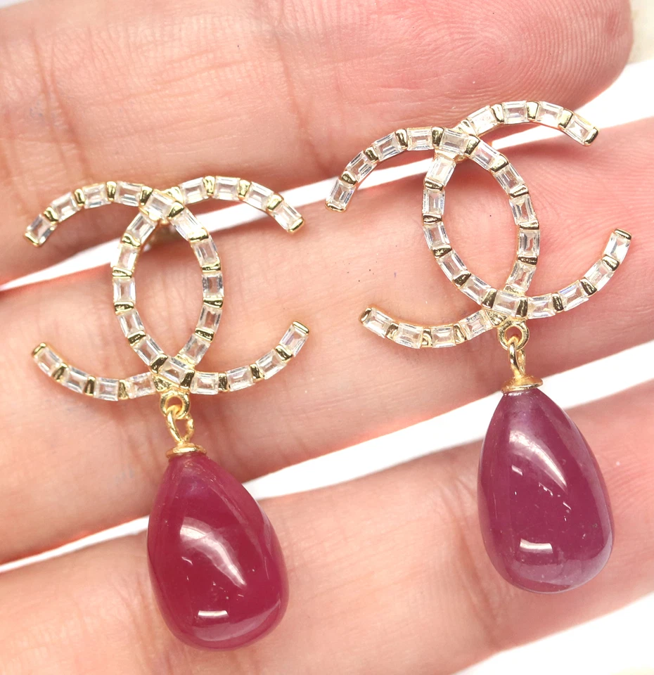 Heated 9 X 14 mm. Red Ruby & Cubic Zirconia Earrings Silver 925 Sterling - Image 2 of 4