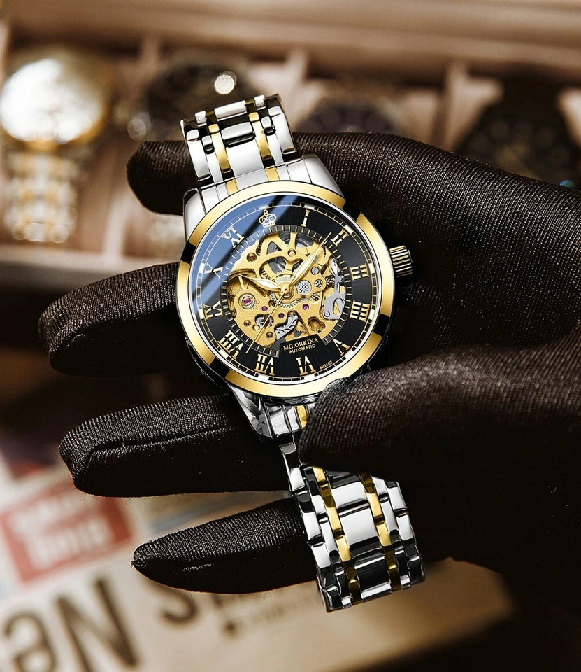 时尚男式骨架自上发条自动机械手表蒸汽朋克金色-黑色 — 第 3/4 张图片