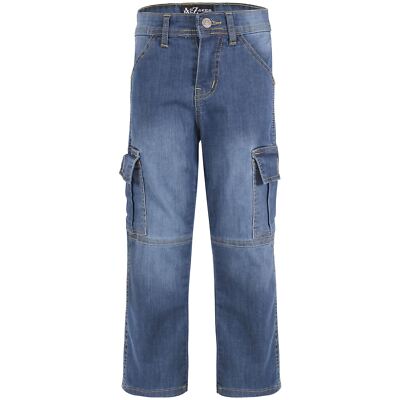 Kinder Jungen Cargo Denim Hose mittelblau 6 Taschen Denim Jeans dehnbar Komforthose