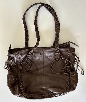 Nordstrom Dark Brown Genuine Leather Tote Shoulder Bag Large Boho Braided  Trim