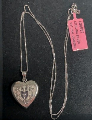 Sterling Silver Diamond Heart Locket for 2 Photo Necklace 18'' Natural Diamond 